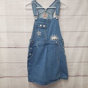 VTG Kikomo Denim Jean Overall Skort Size Medium Embroidered Star Sun 90s